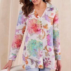 Soft Surroundings Escambia Gauze Tunic Shirt Multi Painterly Floral Size Medium